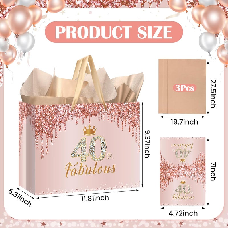 Yoirrat Rose Gold 40 and Fabulous 40th Birthday Gift Bag for Women Large Pink Happy 40th Birthday Gift Bag with Wrapping Paper and Card for 40th Forty Bday Decorations Party Supplies - Image 3